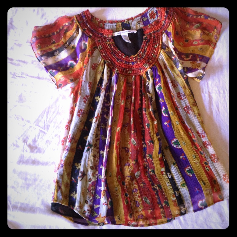 Diane Von Furstenberg Multicolor Striped Embroidered Peasant Top